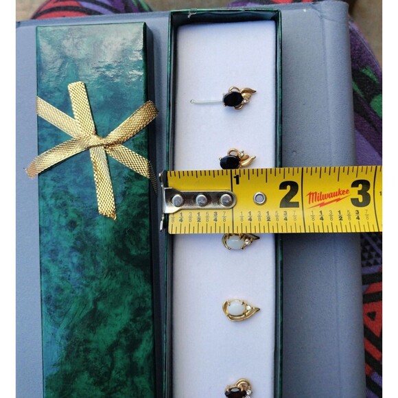 Earrings 3 Pairs Gold Tone Genuine Stones Gift Box Birthstone Garnet Pearl Onyx - Picture 14 of 14